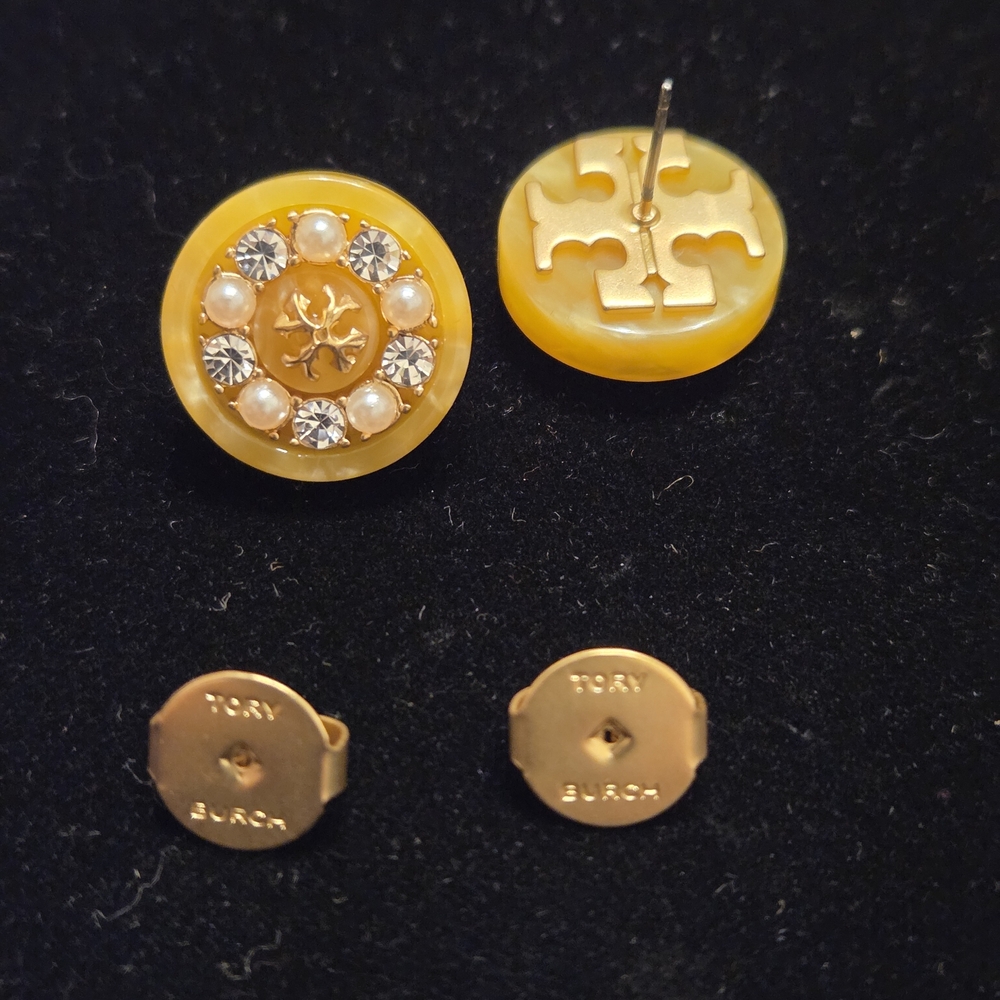 Tory Burch Roxanne Yellow Multi Crystal Stone Gold Button Logo Stud Earrings
